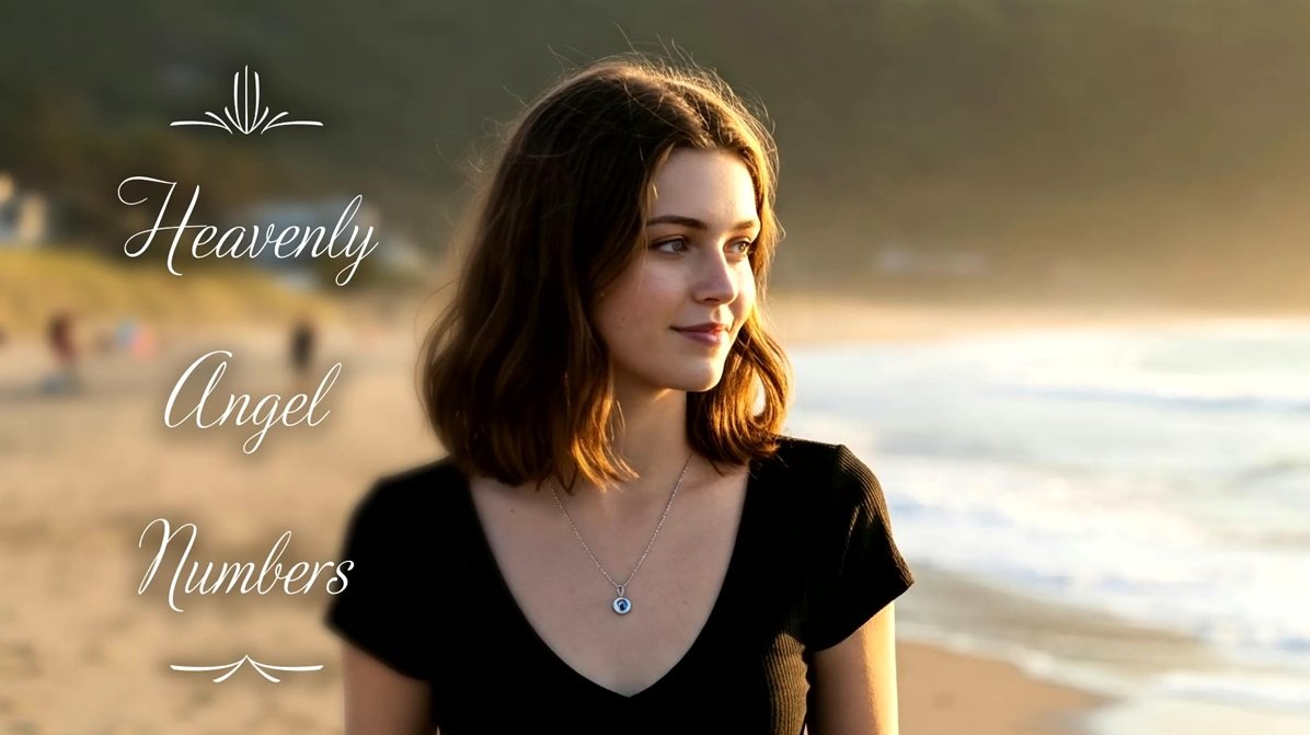 Woman walking alone on a beach. She has a necklace with the angel number 333. She is wearing a black top and blue jeans. She has blue eyes and shoulder-length brunette hair.